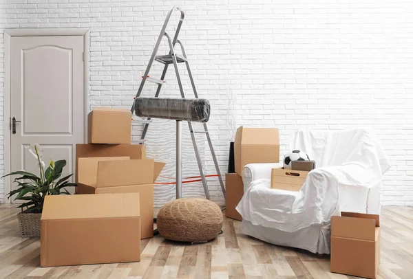 Cardboard Boxes Household Stuff Living Room Moving Day — 스톡 사진