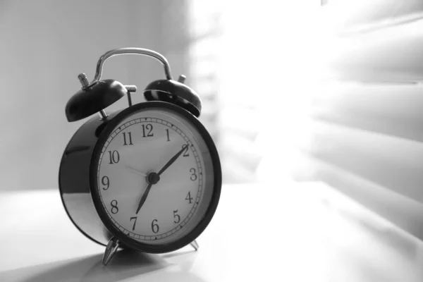 Alarm Clock Windowsill Space Text Morning Time — Stok fotoğraf