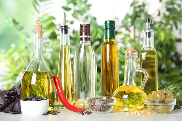 Different Sorts Cooking Oil Bottles Ingredients Light Table — Stock Photo, Image