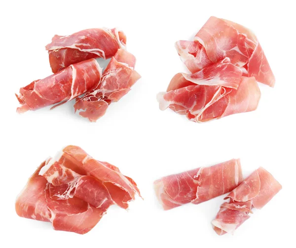 Conjunto Delicioso Jamon Fatiado Fundo Branco — Fotografia de Stock