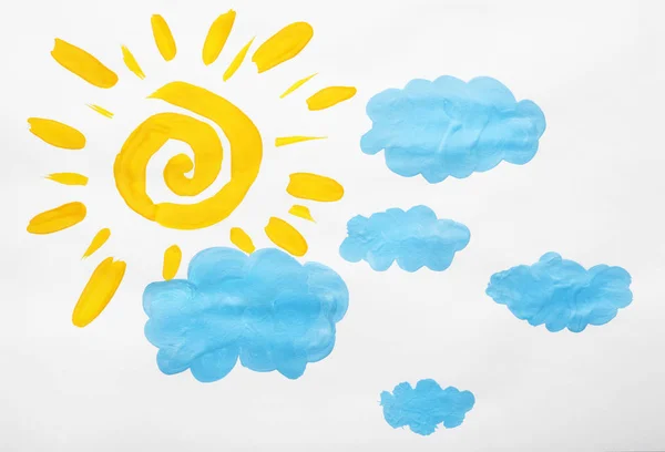 Child Painting Sun Clouds White Paper — 스톡 사진