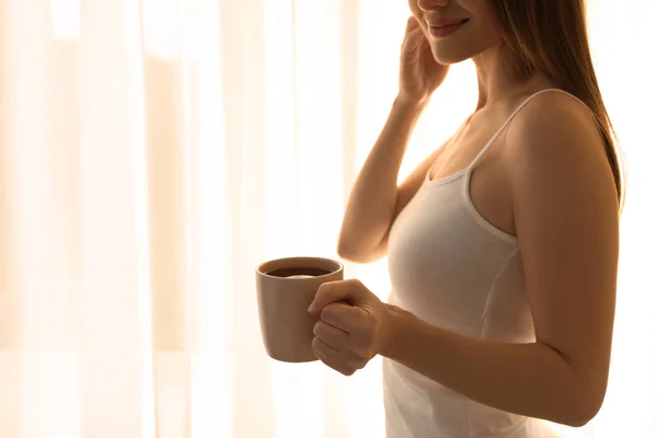 Young Woman Cup Window Home Closeup Lazy Morning — 스톡 사진