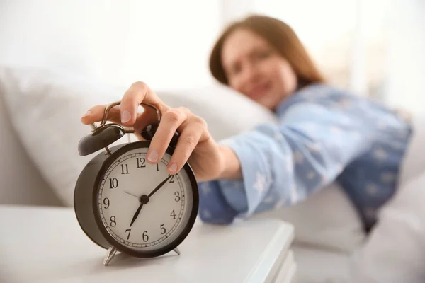 Young Woman Turning Alarm Clock Home Morning Focus Hand — 스톡 사진