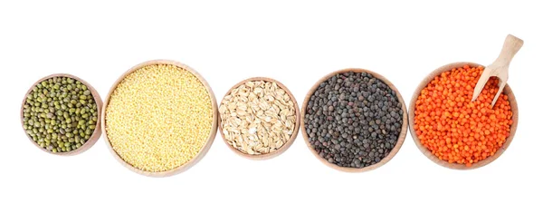 Different Types Legumes Cereals White Background Top View Organic Grains — Stock Photo, Image