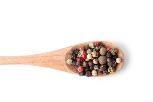 Mix of different pepper grains isolated on white, top view — Stock Photo, Image