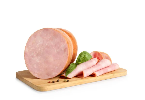 Tasty ham with basil and pepper on wooden board, white backgroun — Stock Photo, Image