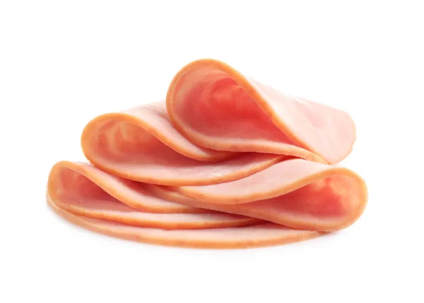 Fette di prosciutto fresco saporito isolato su bianco — Foto Stock