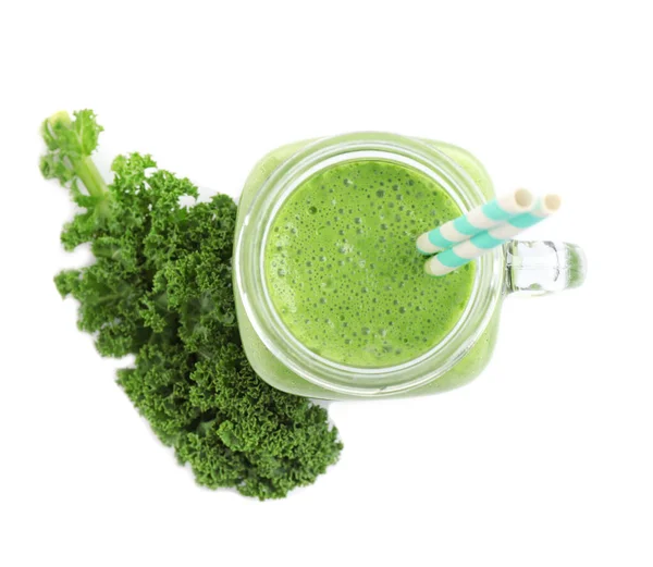 Tasty fresh kale smoothie on white background, top view — 스톡 사진