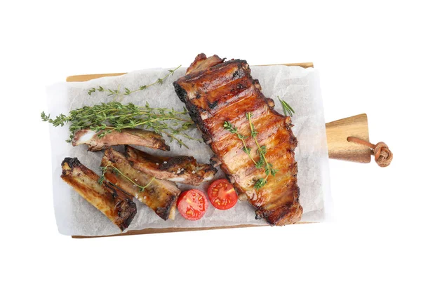 Tasty Grilled Ribs Thyme Tomatoes Isolated White Top View — 스톡 사진