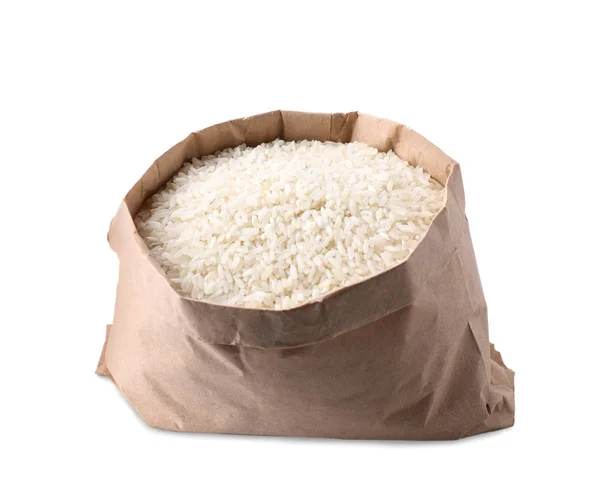 Arroz Sin Cocer Bolsa Papel Aislado Sobre Blanco — Foto de Stock