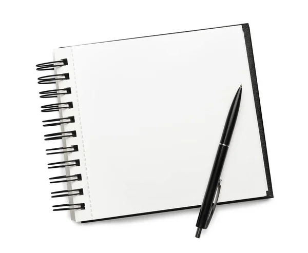 Open Empty Notebook Pen Isolated White Top View — 스톡 사진