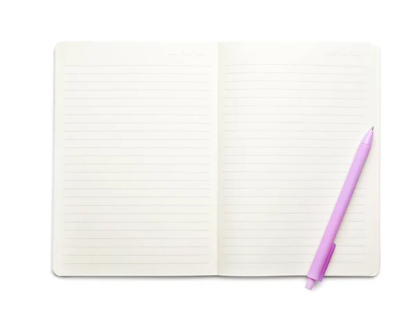 Open Empty Notebook Pen Isolated White Top View — 스톡 사진