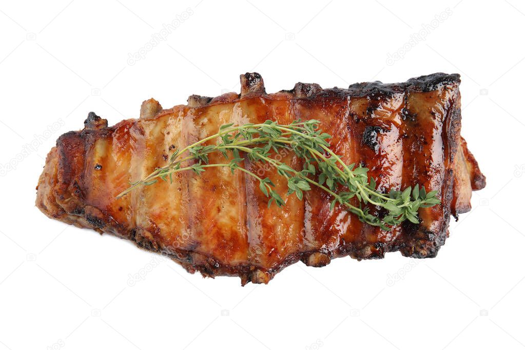 Tasty grilled ribs with thyme isolated on white, top view