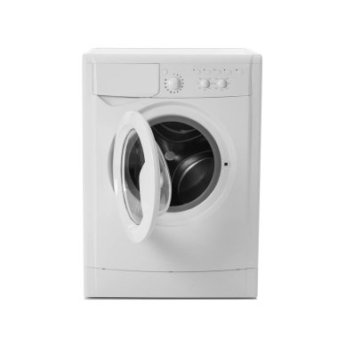 Modern çamaşır makinesi beyaza izole edilmiş. Çamaşır günü