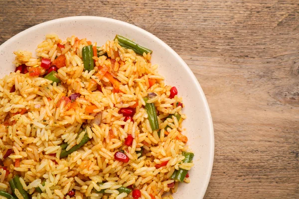 Tasty Rice Pilaf Vegetables Wooden Table Top View — Stock Photo, Image