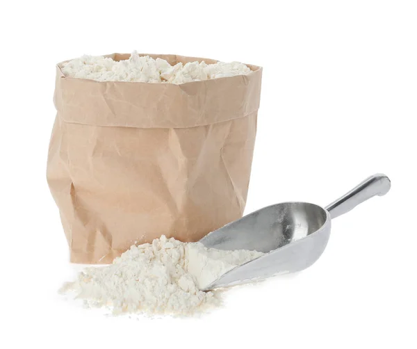 Paper Bag Scoop Flour Isolated White — Stock Photo, Image