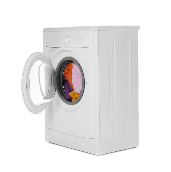 Modern washing machine with laundry isolated on white — Stock Photo, Image