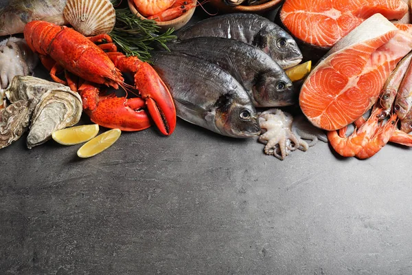 Fresh Fish Different Seafood Grey Table Flat Lay Space Text — 스톡 사진