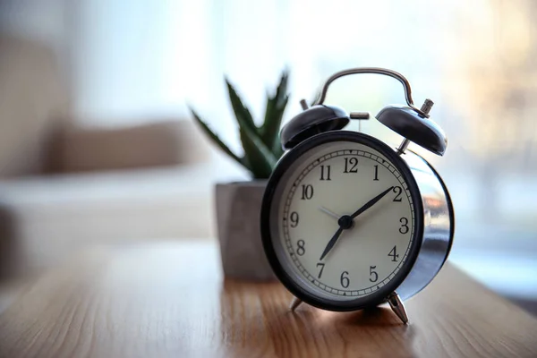 Alarm Clock Wooden Table Home Morning Time — 스톡 사진