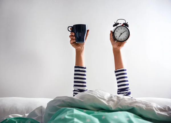 Woman Cup Alarm Clock Lying Bed Closeup Morning Time — 스톡 사진
