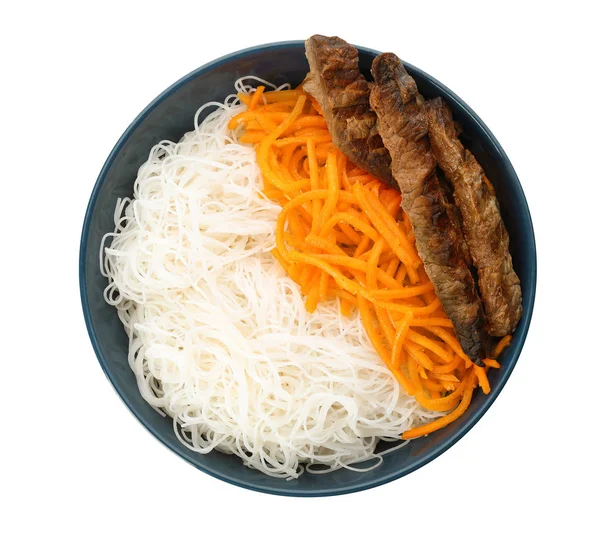 Tasty Cooked Rice Noodles Meat Carrot Isolated White Top View — Stock Photo, Image