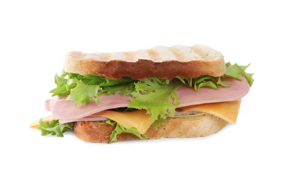 Gustoso panino con prosciutto isolato su bianco — Foto Stock