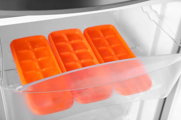 Orange Plastic Ice Cube Trays Fridge — 스톡 사진