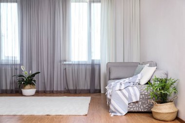 Oturma odasında şık perdeleri olan pencereler.