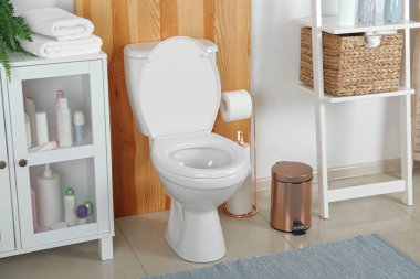 Modern banyo içinde şık bir klozet.