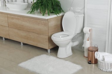 Modern banyo içinde şık bir klozet.