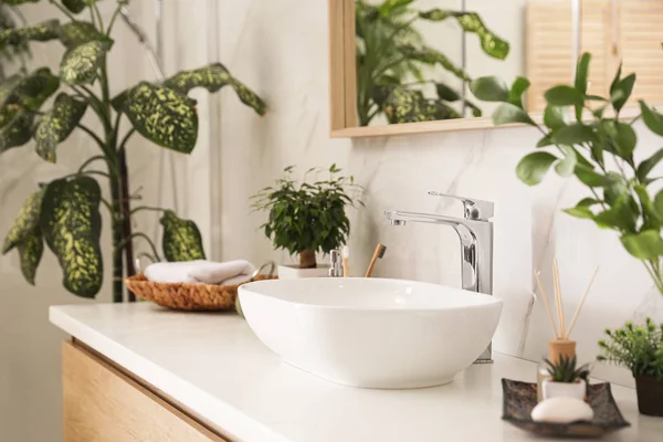 Vaartuigwastafel en groene planten in stijlvolle badkamer. Binnenhuisdier — Stockfoto