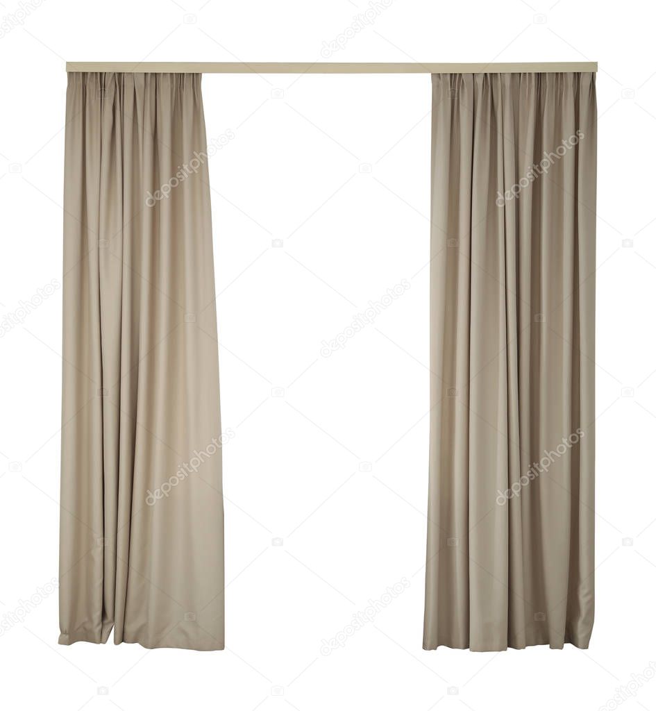 Beautiful elegant beige curtains on white background