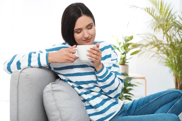 Young Woman Cup Drink Relaxing Couch Home — 스톡 사진