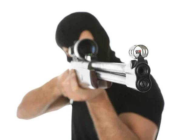 Professional killer with sniper rifle on white background — Stock Photo, Image