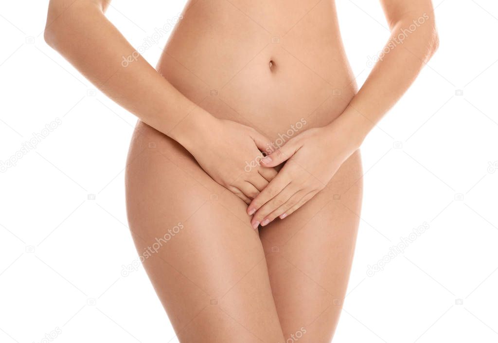Woman with smooth skin on white background, closeup. Brazilian bikini epilation