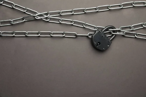 Steel Padlock Chains Space Text Grey Background Flat Lay Safety — 스톡 사진