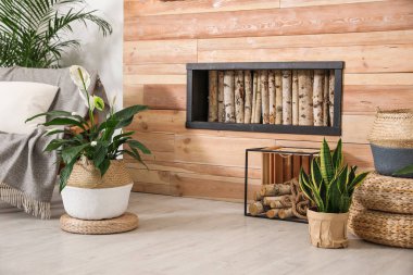 Tencere içinde güzel bitkiler olan şık bir iç tasarım.