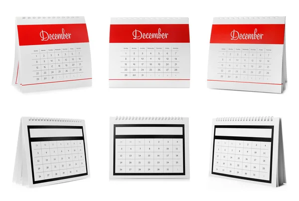 Sada Různých Papírových Kalendářů Bílém Pozadí — Stock fotografie