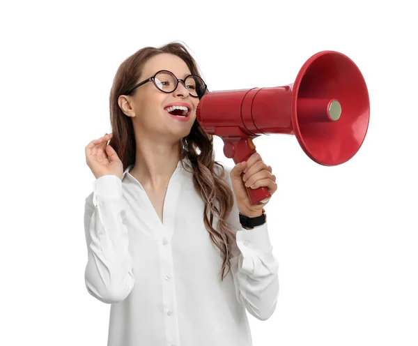 Jovem Mulher Com Megafone Fundo Branco — Fotografia de Stock