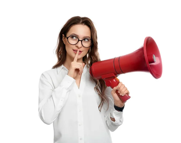 Jovem Mulher Com Megafone Fundo Branco — Fotografia de Stock