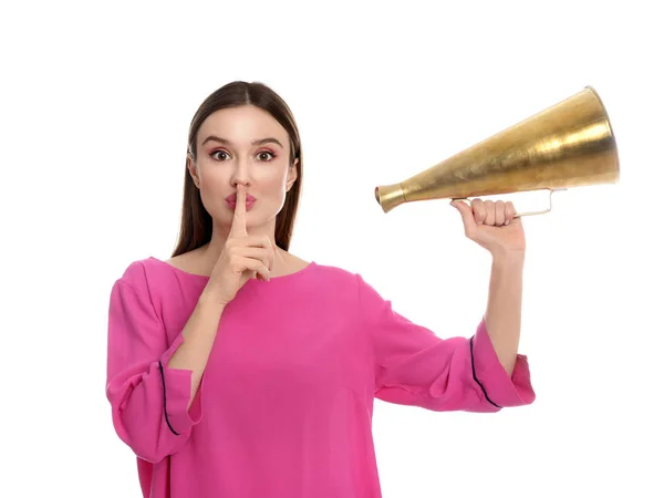 Jovem Mulher Com Megafone Fundo Branco — Fotografia de Stock