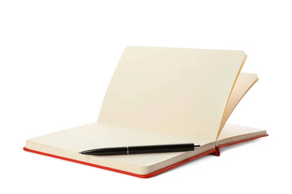 Elegante Notebook Aperto Penna Isolata Bianco — Foto Stock