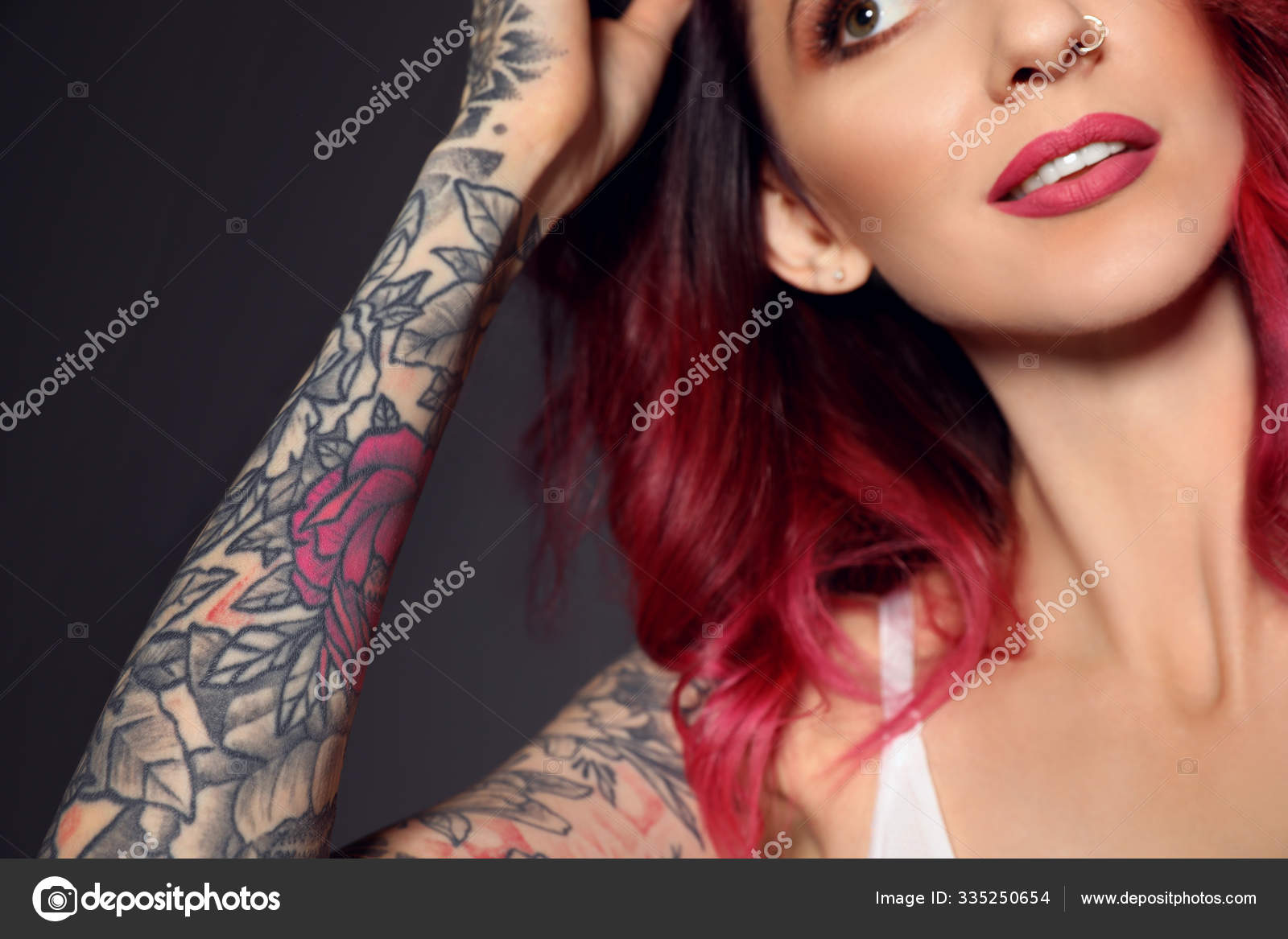 Beautiful Woman Tattoos Arm Black Background Closeup Stock Photo by  ©NewAfrica 335250654