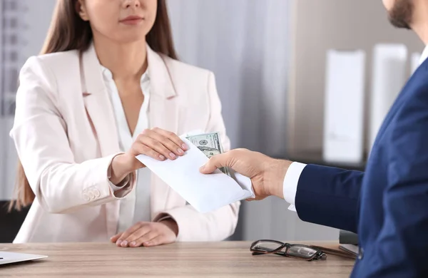 Man Giving Bribe Woman Table Office Closeup — Stock Photo, Image