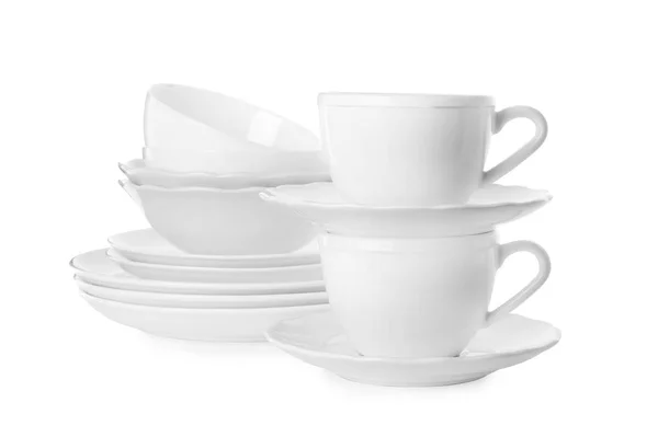 Set of clean tableware isolated on white — Stock Photo, Image