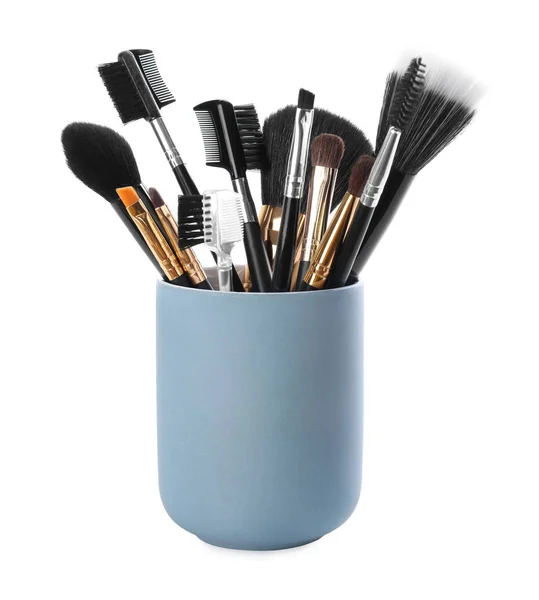 Set of professional makeup brushes in holder isolated on white — 스톡 사진
