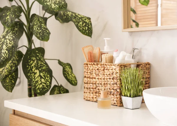 Plantas verdes e produtos de higiene pessoal na bancada branca no banheiro. Int. — Fotografia de Stock