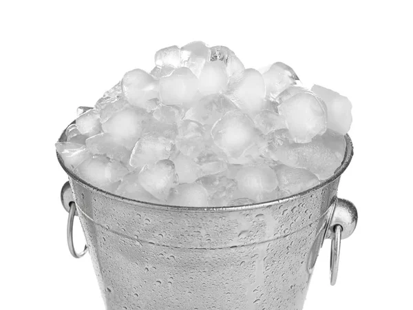 Metal bucket with ice cubes isolated on white — 스톡 사진