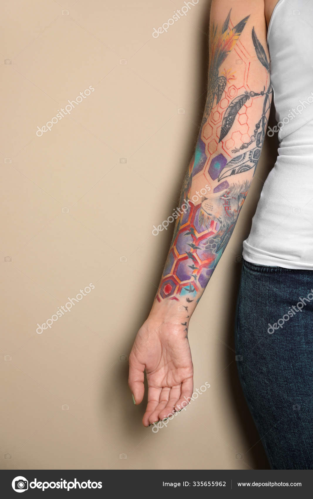 Woman Colorful Tattoos Arm Beige Background Closeup Stock Photo By C Newafrica Woman Colorful Tattoos Arm Beige Background Closeup Stock Photo By C Newafrica