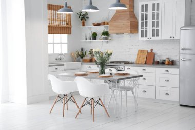 Yeni moda mobilyalarla dolu güzel bir mutfak.